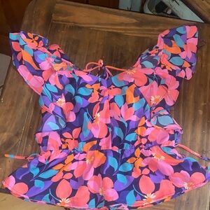 Floral Ruffle Sleeve Blouse - Pink and Purple